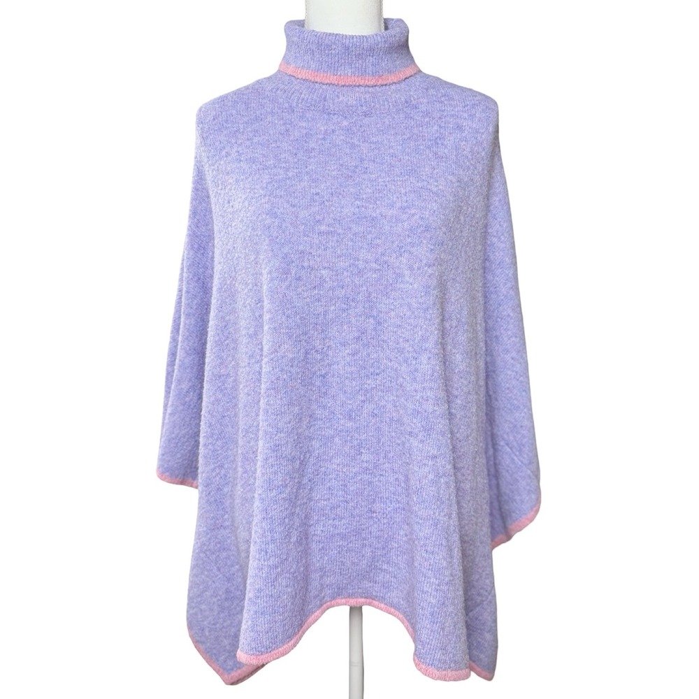 J Marie‎ Turtleneck Poncho Sweater Purple Pink Trim One Size Oversized